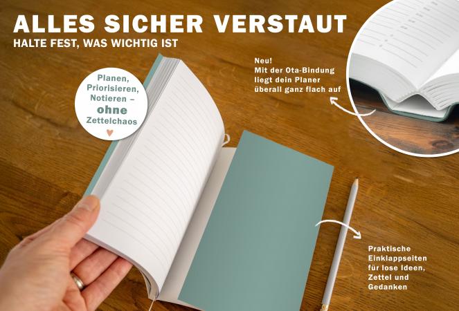 A5 Terminkalender 2026 grün weiß korall mit blanko Seiten liniert für Notizen & Ideen